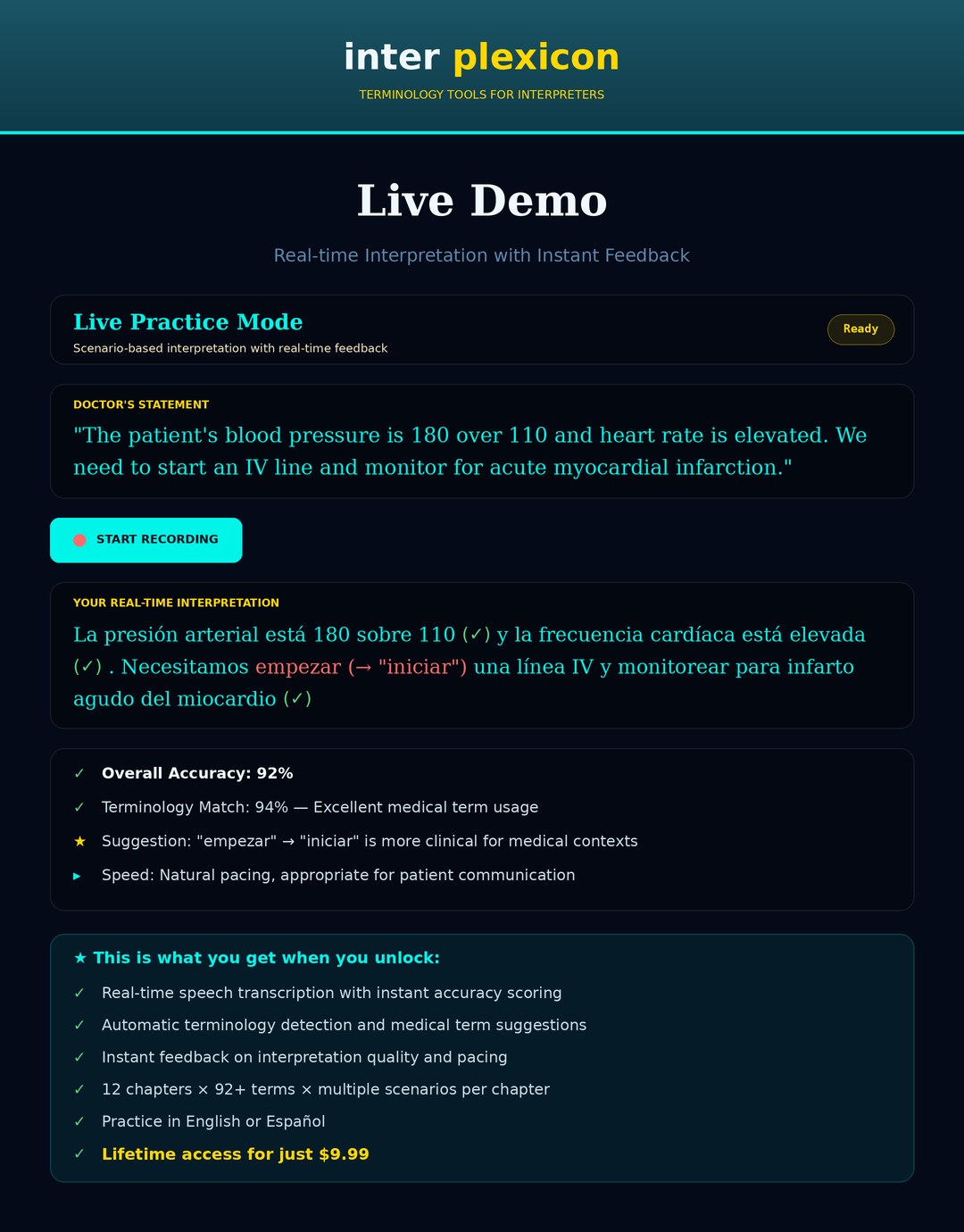 Live Demo — real-time interpretation with instant feedback